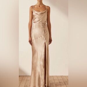 Shona Joy Champagne Satin Maxi Slip Skirt with Front Slit